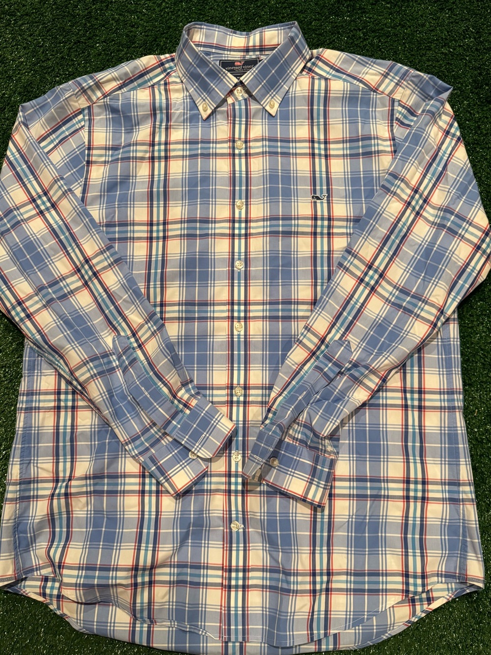 Vineyard Vines Blue and White Plaid Button-Down Shirt with Red Accents